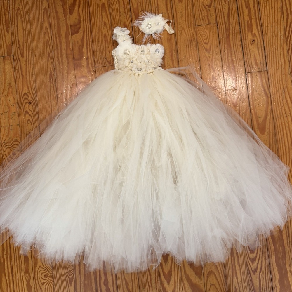 Trendy Bambini Girls Flower Girl Tutu Dress Ivory Floral Wedding Headband